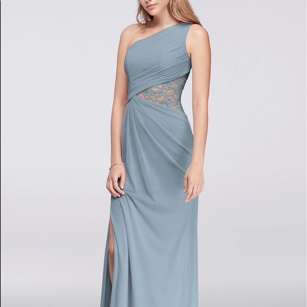 One-Shoulder Mesh Dress with Lace Inset